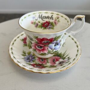 Royal Albert March Anemone Flower of the Month Teacup Saucer England Vtg